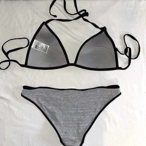 H&M Grey & White Contrast Binding Bikini Set Top Size 12 Bottoms Size 10-A167 - Picture 4 of 7
